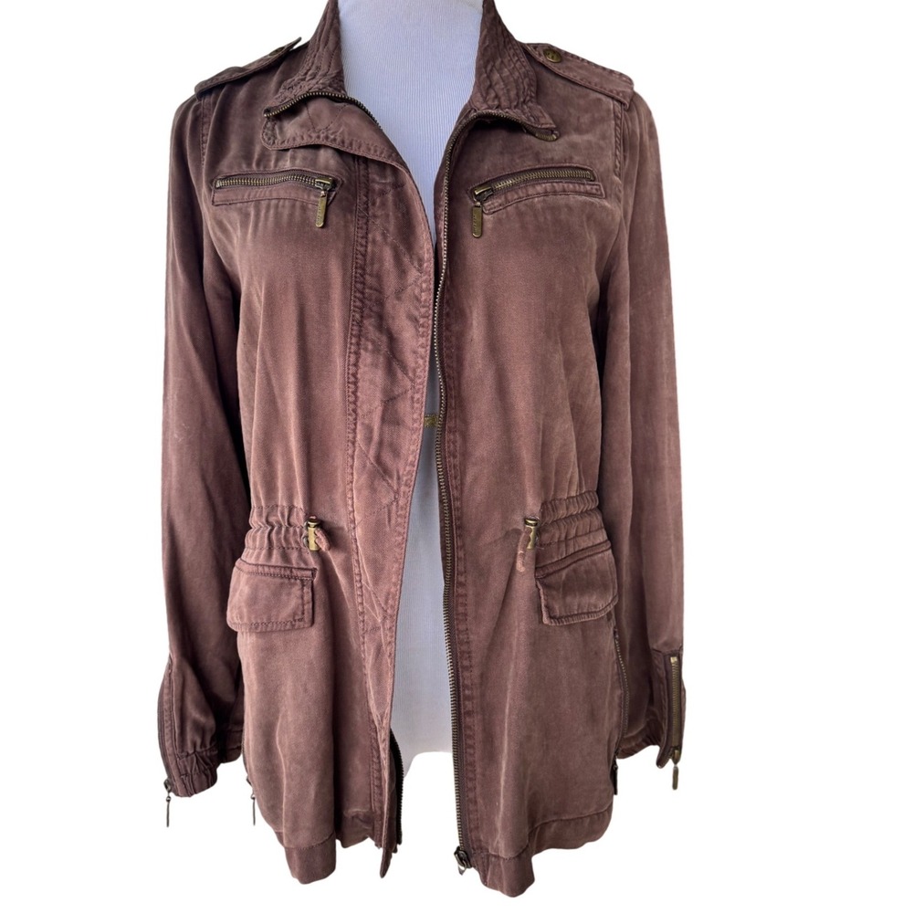 Max Jeans Utility Jacket Womens Small Brown Anorak Drawstring Waist Full Zip S